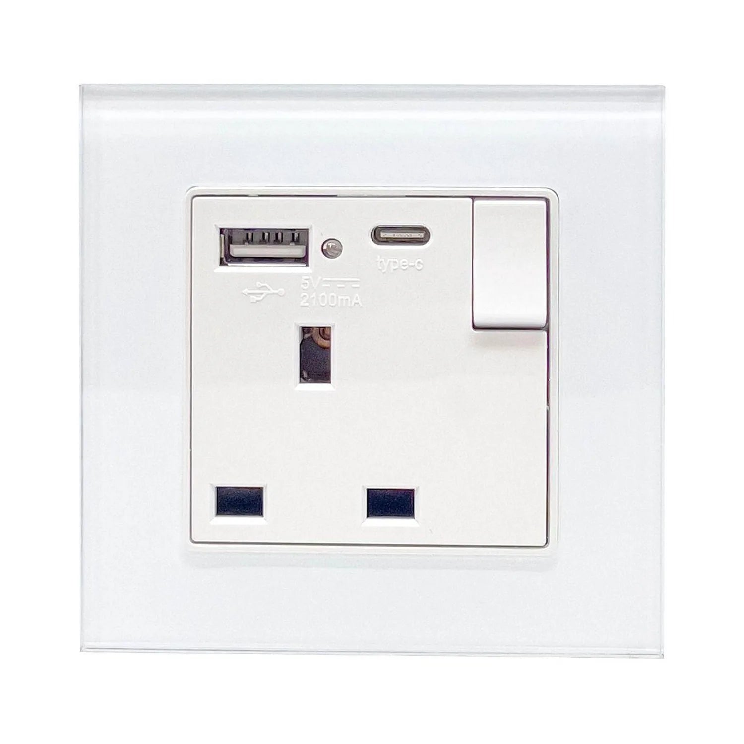 White wall-mounted socket outlet with single switch, USB-A port, USB Type-C port, and two rectangular power receptacles.