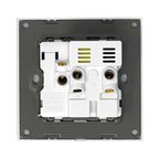 Rear installation view of white electrical socket showing internal terminals, gold contacts, and specification marking "13A 2