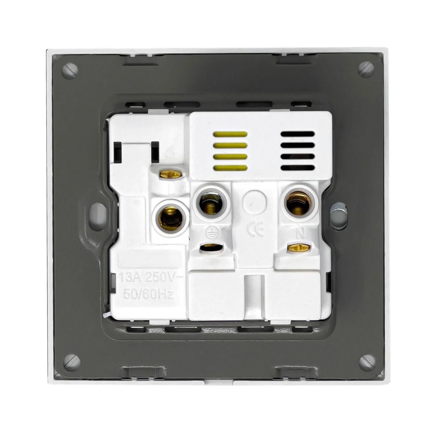 Rear installation view of white electrical socket showing internal terminals, gold contacts, and specification marking "13A 2