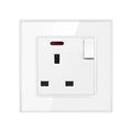 White wall-mounted 13A switched socket outlet with tempered glass panel, on/off switch, and red indicator light.
