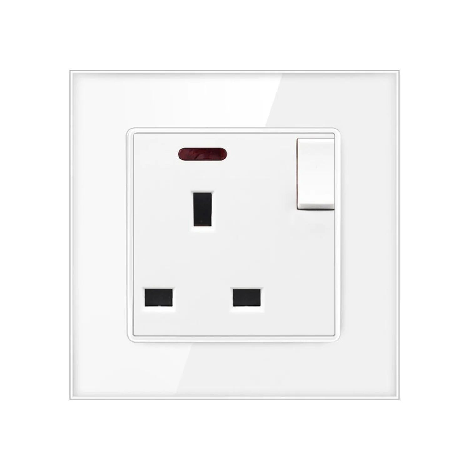 White wall-mounted 13A switched socket outlet with tempered glass panel, on/off switch, and red indicator light.