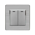 Silver 2-gang 2-way light switch with brushed metal finish and black indicator lights on each toggle.