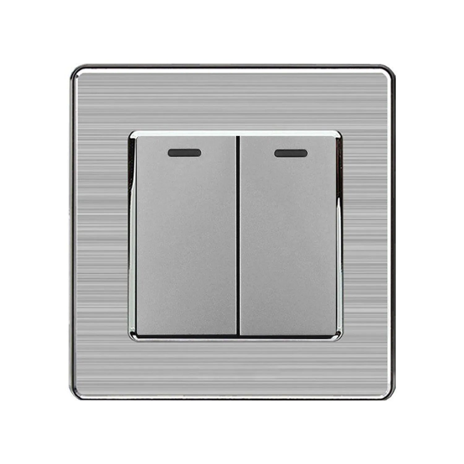 Silver 2-gang 2-way light switch with brushed metal finish and black indicator lights on each toggle.