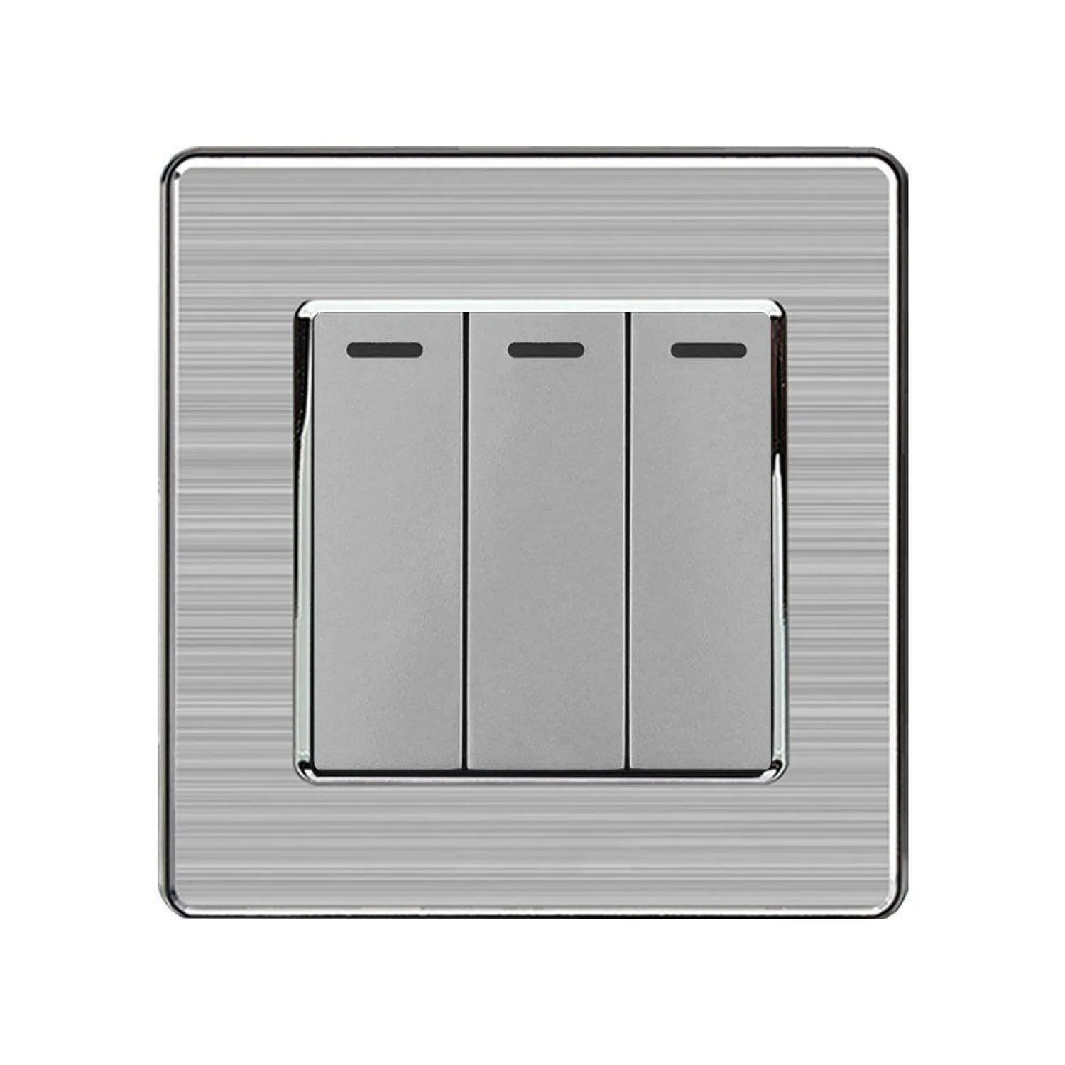 Three-gang two-way light switch with brushed stainless steel finish and black rocker switches on textured silver faceplate.