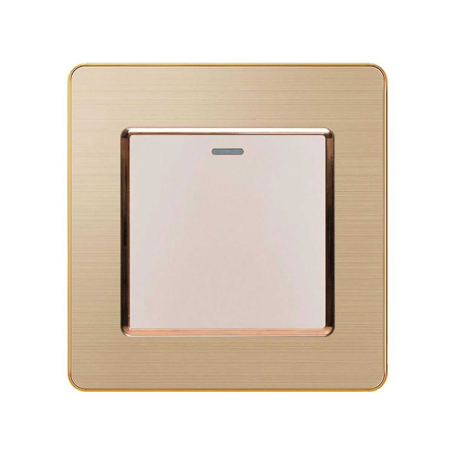 Brushed gold 1-gang 2-way light switch with white button and indicator light, product shot on white background.