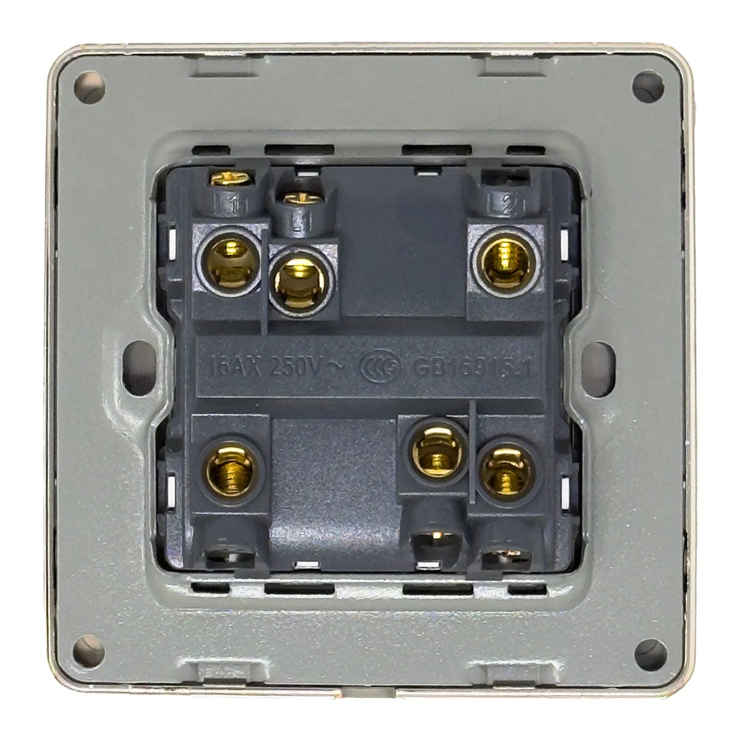 Rear view of 2-gang 2-way light switch showing brass terminal connections and rating plate, mounted in gray faceplate.