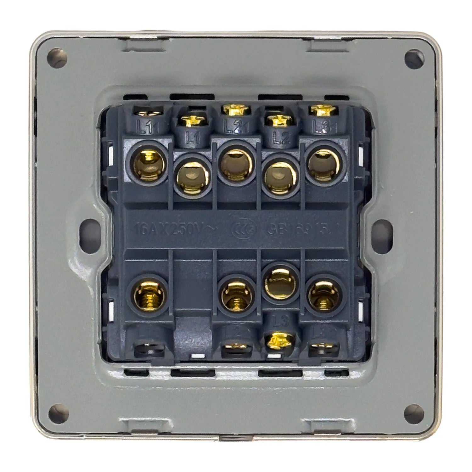 Rear view of electrical switch terminal block showing brass screw connectors and numbered wiring positions on gray backing pl