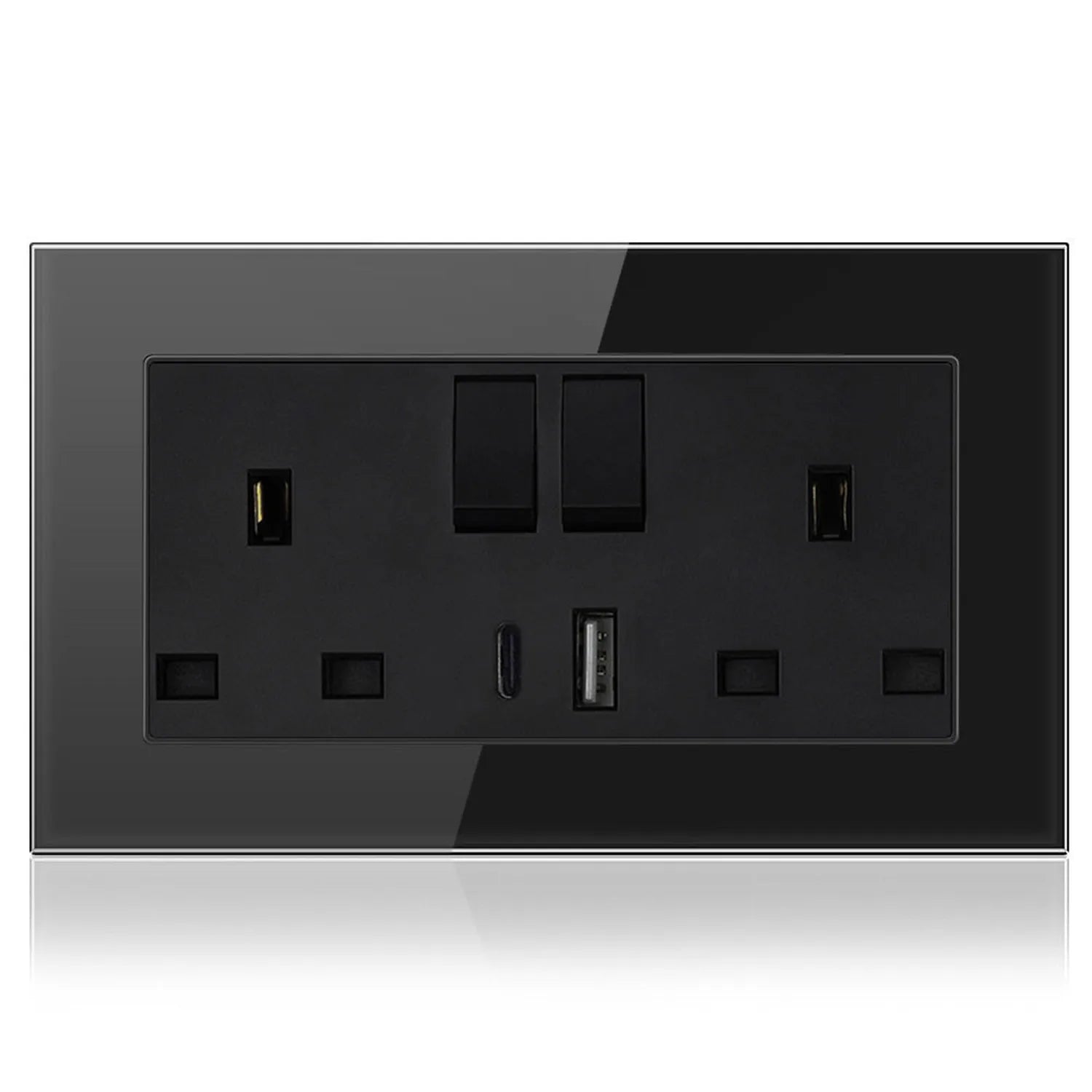 Black tempered glass dual outlet wall socket with two switches, USB-A and USB-C ports, mounted on dark wall surface.