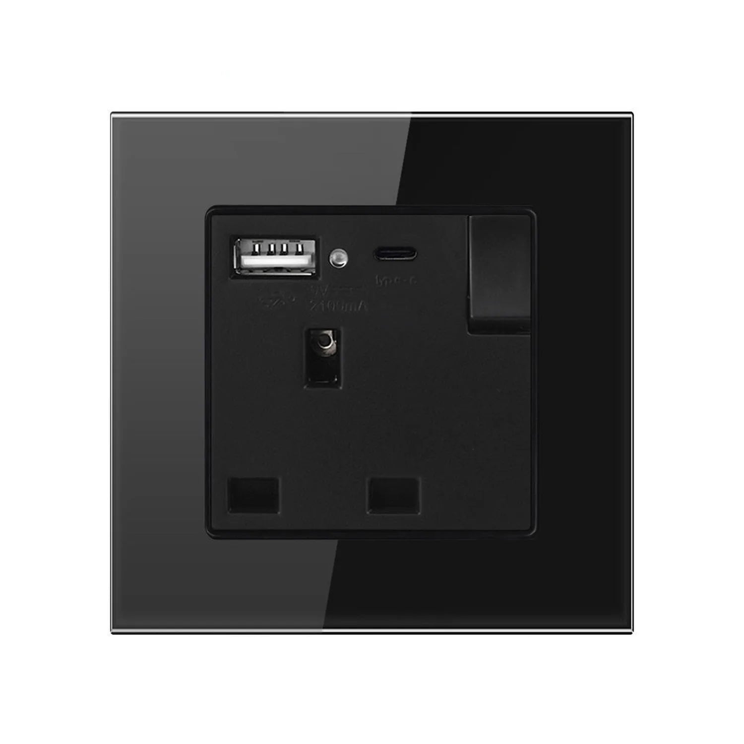 Black tempered glass wall socket with USB ports, shown from front view displaying USB-A and USB-C charging ports, power outle
