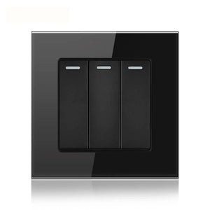Black tempered glass 3-gang light switch with three vertical rectangular buttons, each marked with a white indicator line, mo