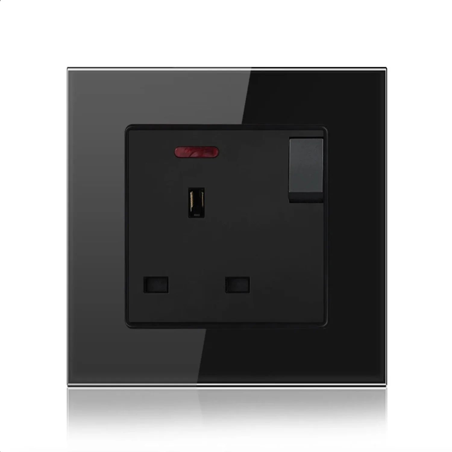 Black tempered glass 1-gang switched socket outlet with red indicator light and toggle switch, mounted on wall plate.