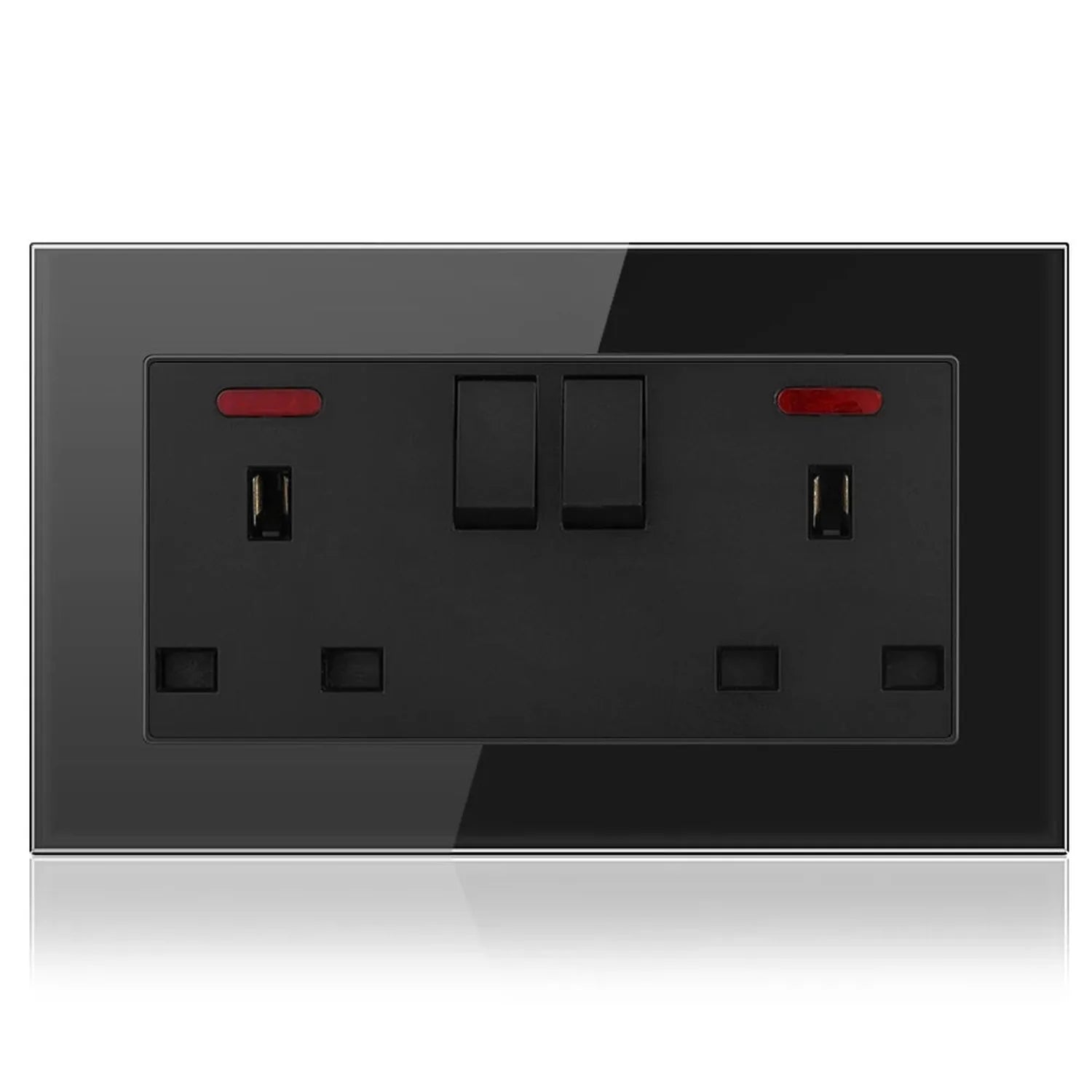 Black tempered glass electrical outlet plate with two switched sockets, USB ports, and red indicator lights against gray back