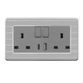 Brushed steel wall socket with two switched outlets, USB-A and USB-C ports, and four additional socket outlets arranged symme