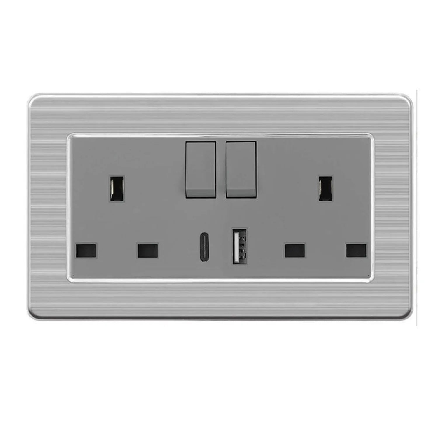 Brushed steel wall socket with two switched outlets, USB-A and USB-C ports, and four additional socket outlets arranged symme