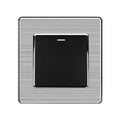 Brushed steel 1-gang 2-way light switch with black center plate and chrome trim ring, front-facing product view.