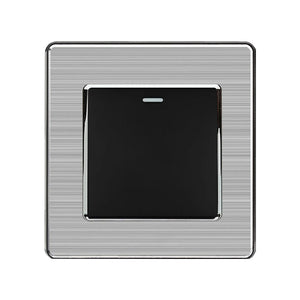 Brushed steel 1-gang 2-way light switch with black center plate and chrome trim ring, front-facing product view.