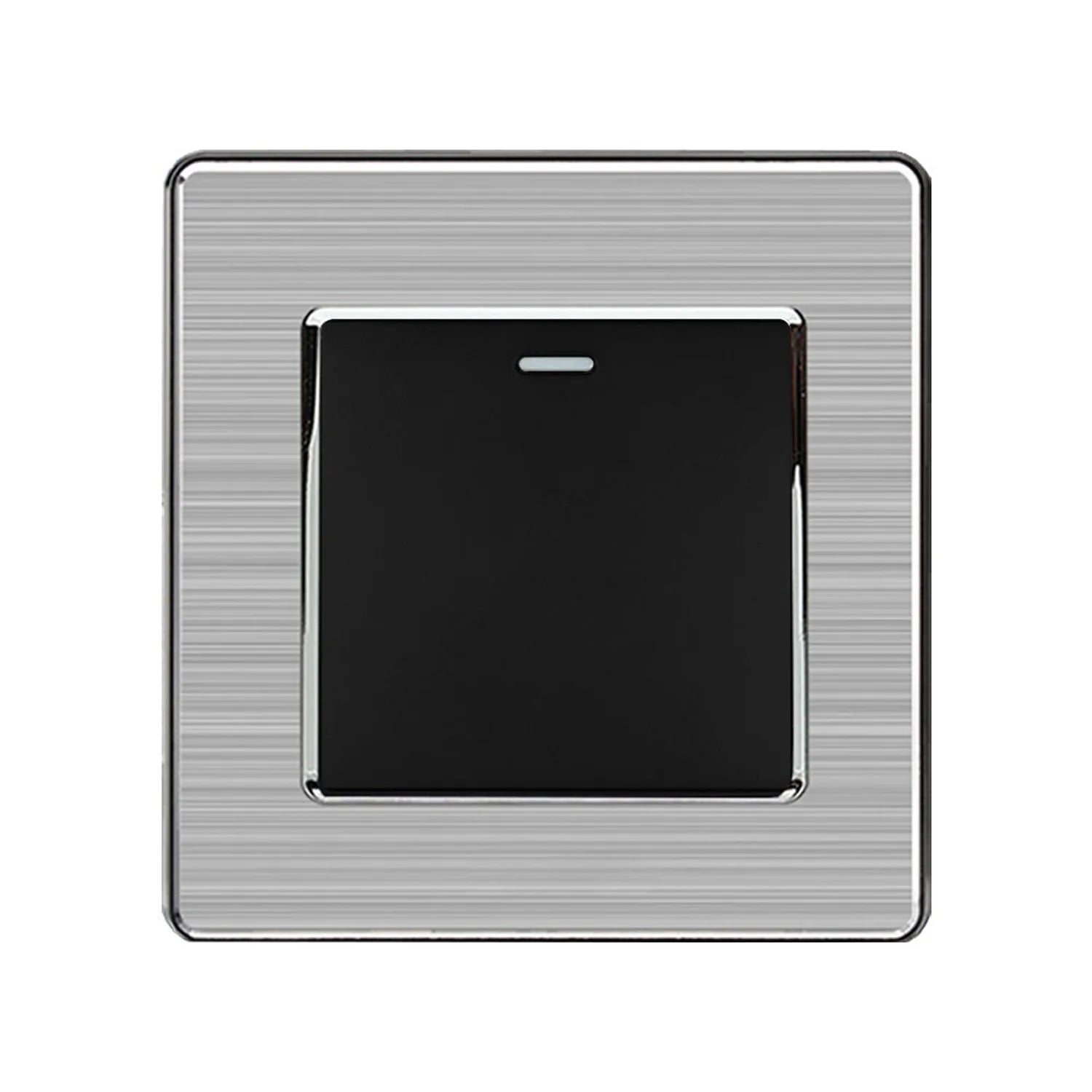 Brushed steel 1-gang 2-way light switch with black center plate and chrome trim ring, front-facing product view.