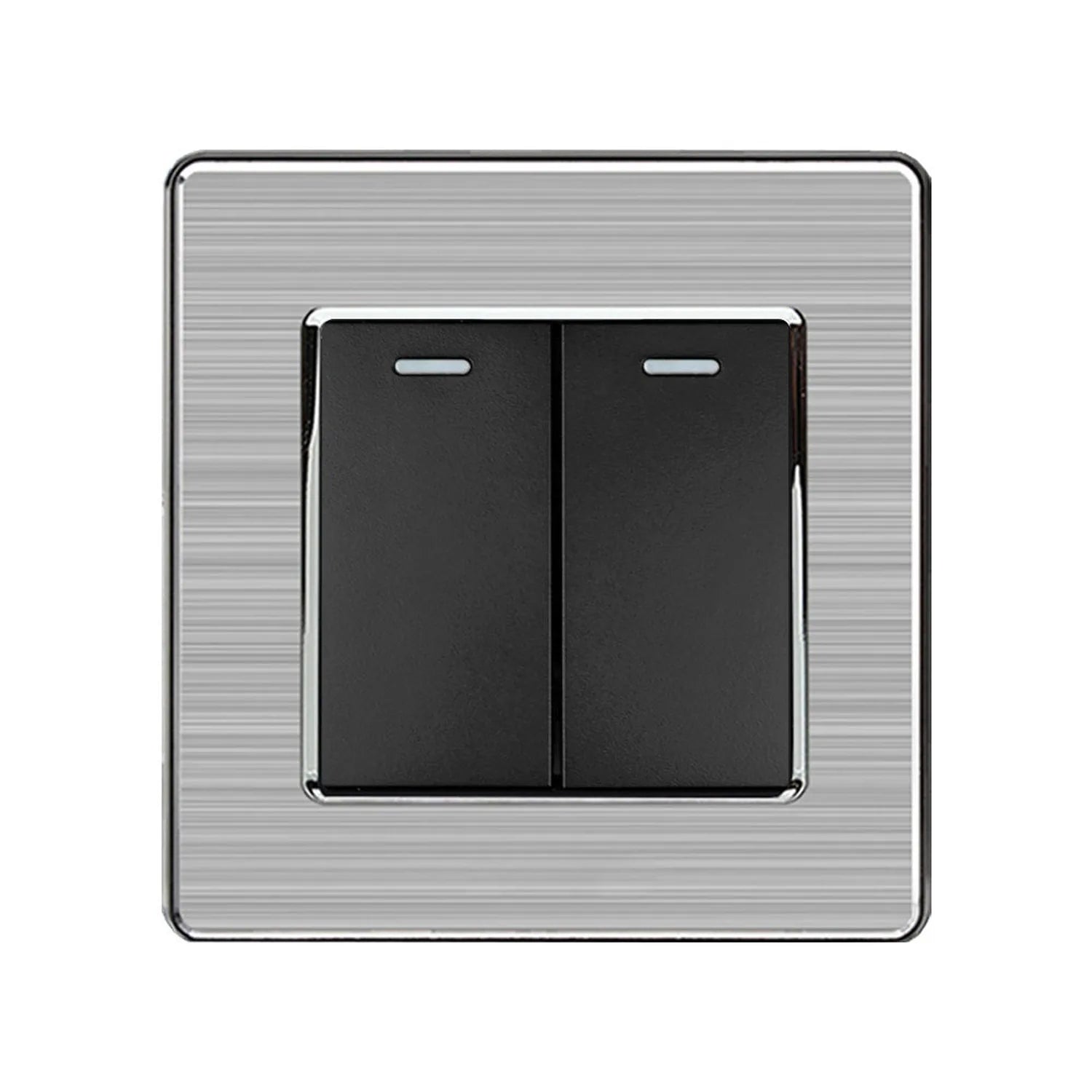 Two-gang two-way light switch with brushed steel plate and black rocker switches, front product view.