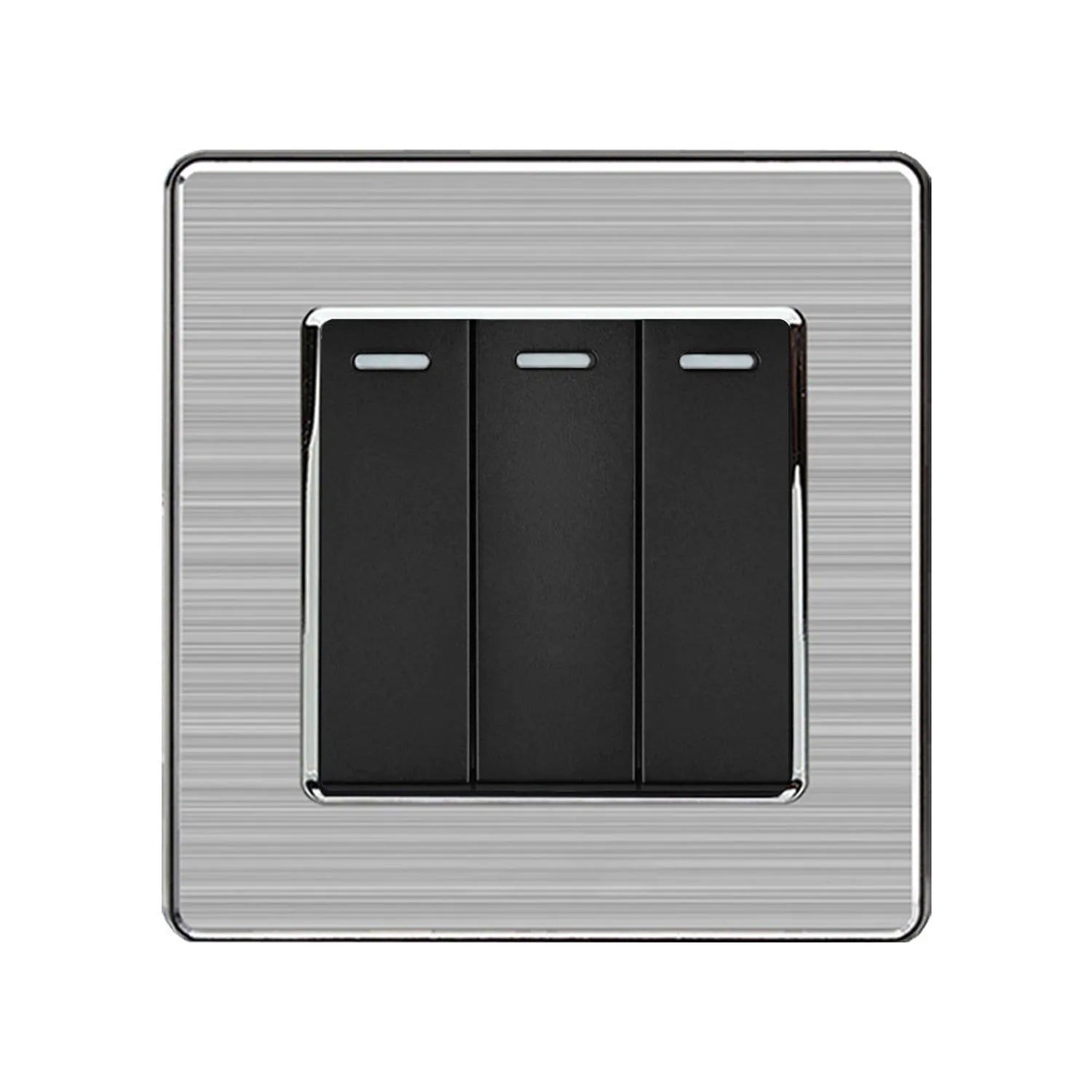 Three-gang two-way light switch with black rockers on brushed steel faceplate, product shot.
