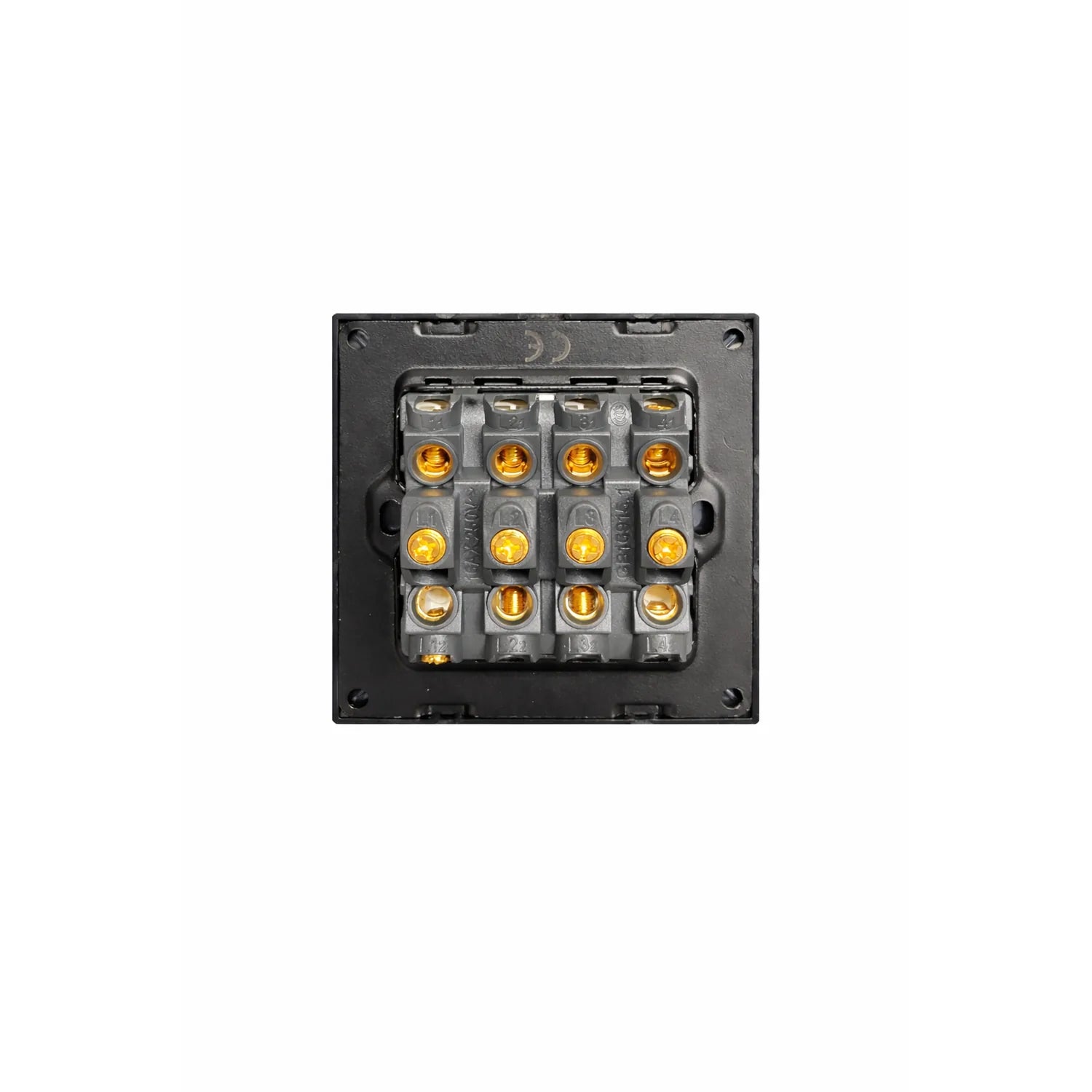 Back view of black 2-gang light switch showing brass terminal connections and mounting hardware.