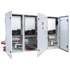 Triple Silent Off-Grid Power Cabinet with open doors revealing internal inverters, electrical components, circuit breakers, a