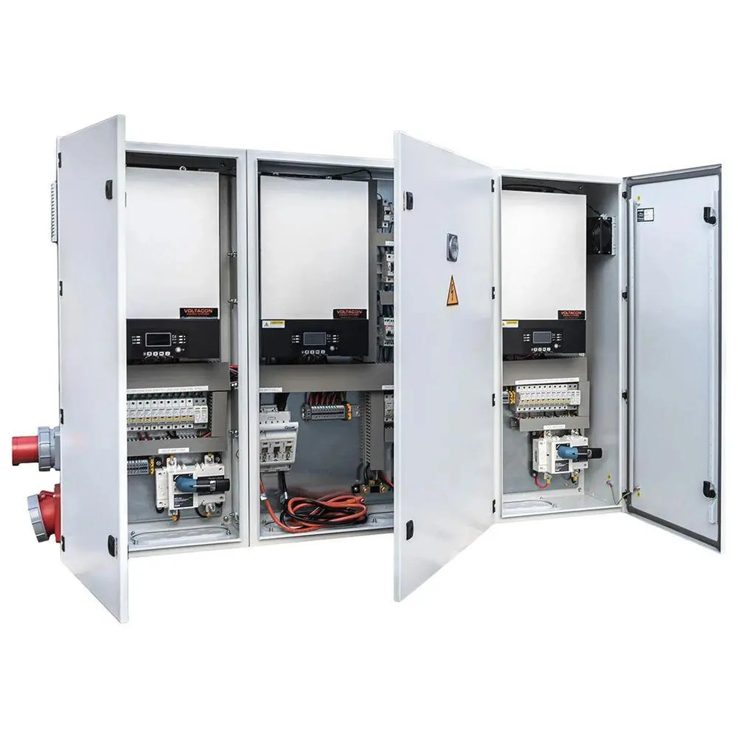 Triple Silent Off-Grid Power Cabinet with open doors revealing internal inverters, electrical components, circuit breakers, a