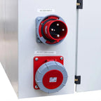 Industrial power distribution panel with red AC connectors labeled AC Gen Input and AC Out 230V Loads mounted on white enclos