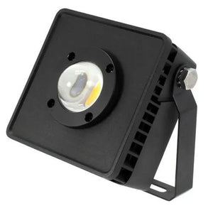Black square LED flood light with white and yellow COB lens, adjustable metal bracket, and ventilation fins, product alone on