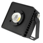 Black square LED flood light with white and yellow COB lens, adjustable bracket, and ventilation fins, product alone on white