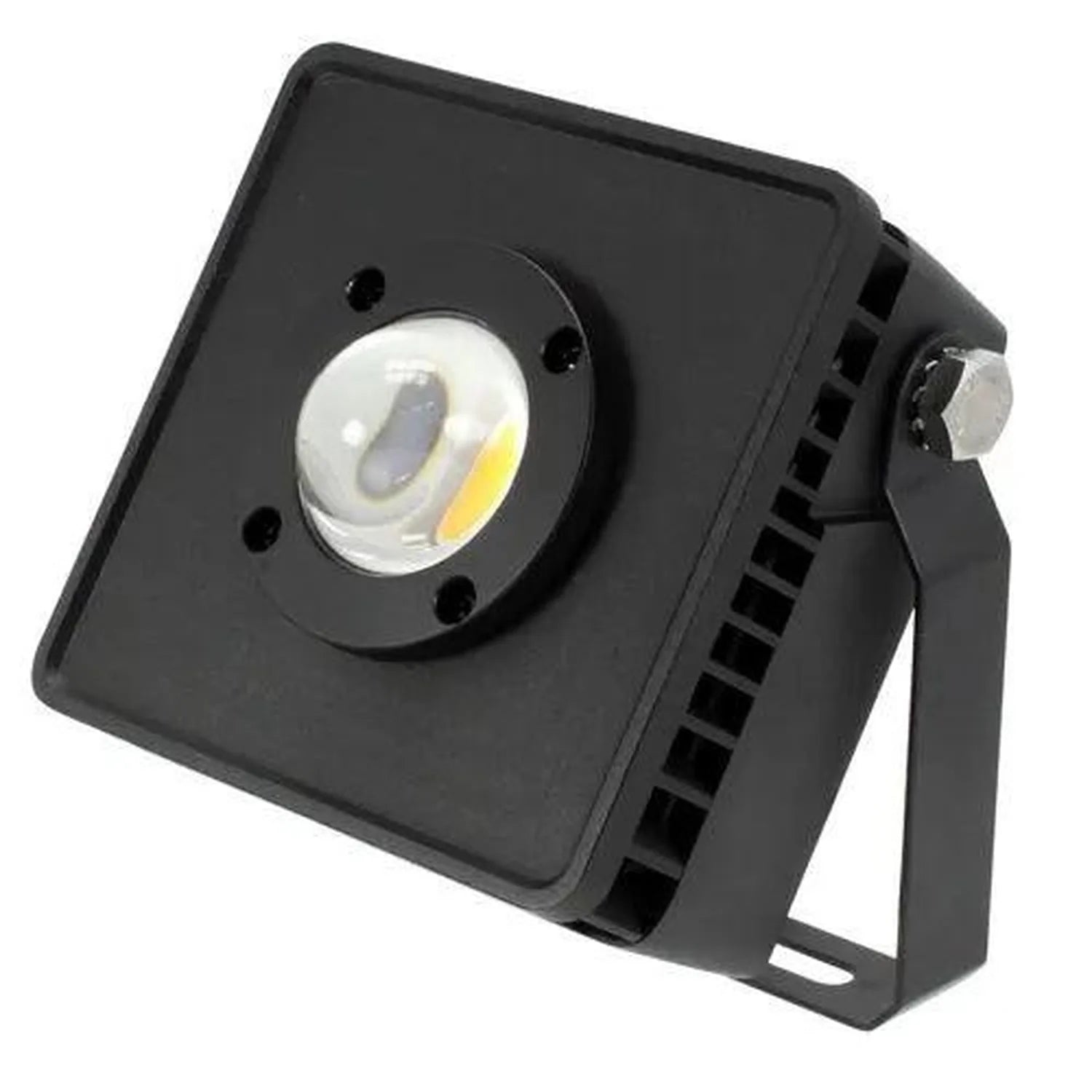 Black square LED flood light with white and yellow COB lens, adjustable bracket, and ventilation fins, product alone on white