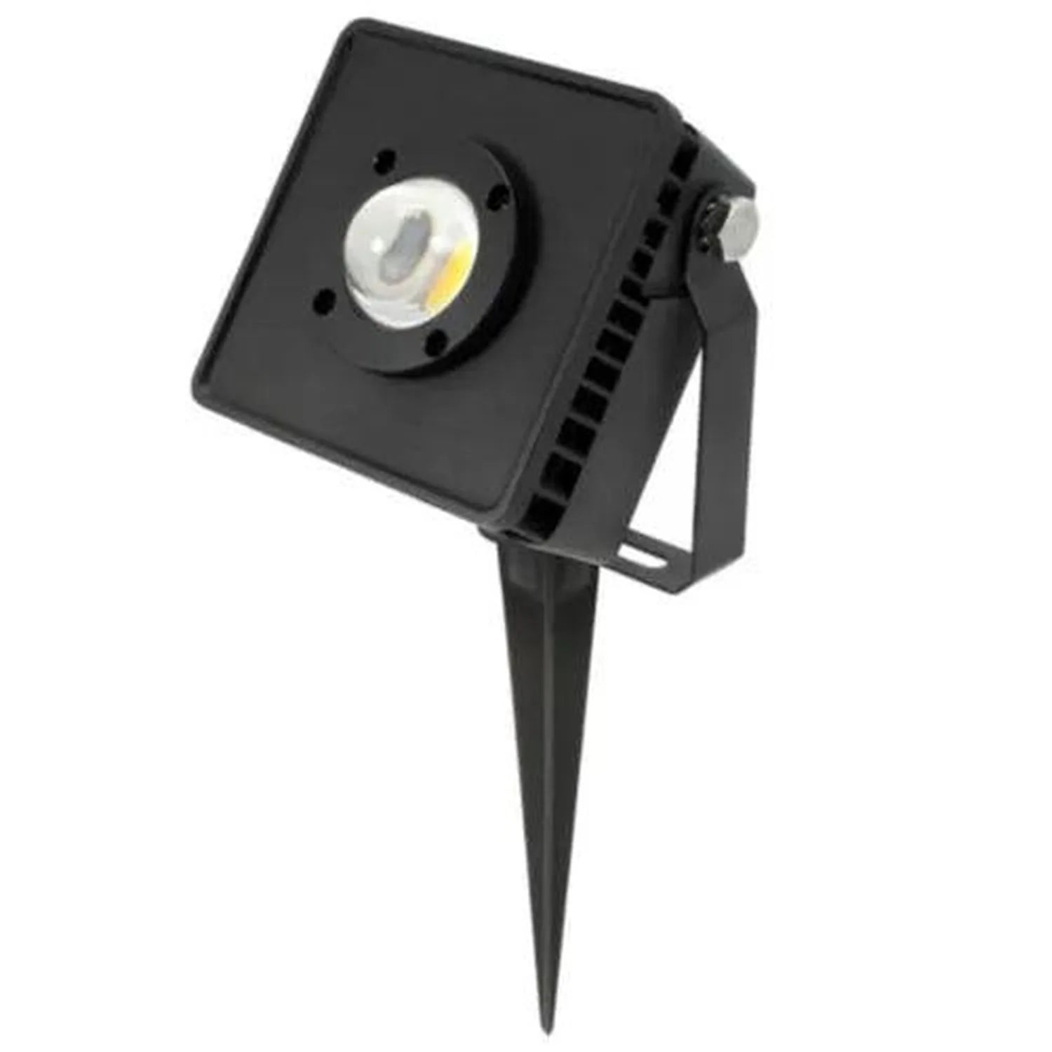 Black square LED flood light with circular lens and mounting bracket, shown as product shot against white background.