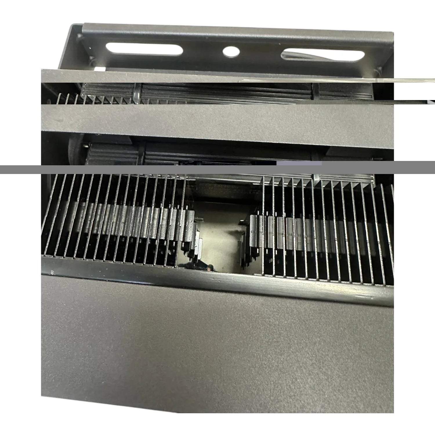Interior view of LED flood light fixture showing dual ribbed cooling fins and mounting bracket with adjustment slots.