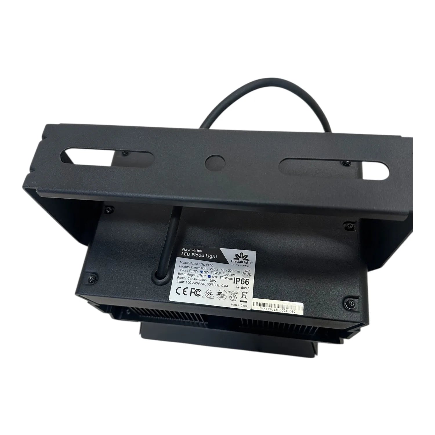 Black LED flood light shown from rear angle displaying mounting bracket, handle, heat sink, and certification label with spec