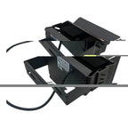 Two black outdoor LED flood lights with heat sinks shown at different angles, with power cords visible, against white backgro