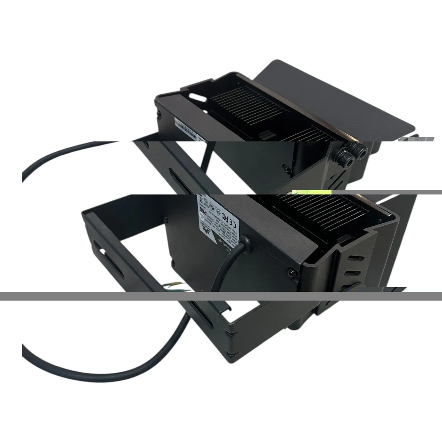 Two black outdoor LED flood lights with heat sinks shown at different angles, with power cords visible, against white backgro