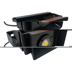 Two stacked 55W LED flood lights with copper heat sinks and yellow COB lens, displayed against white background.