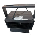 Rear view of 55W LED flood light showing heat sink fins, mounting bracket, cable entry, and product label with specifications