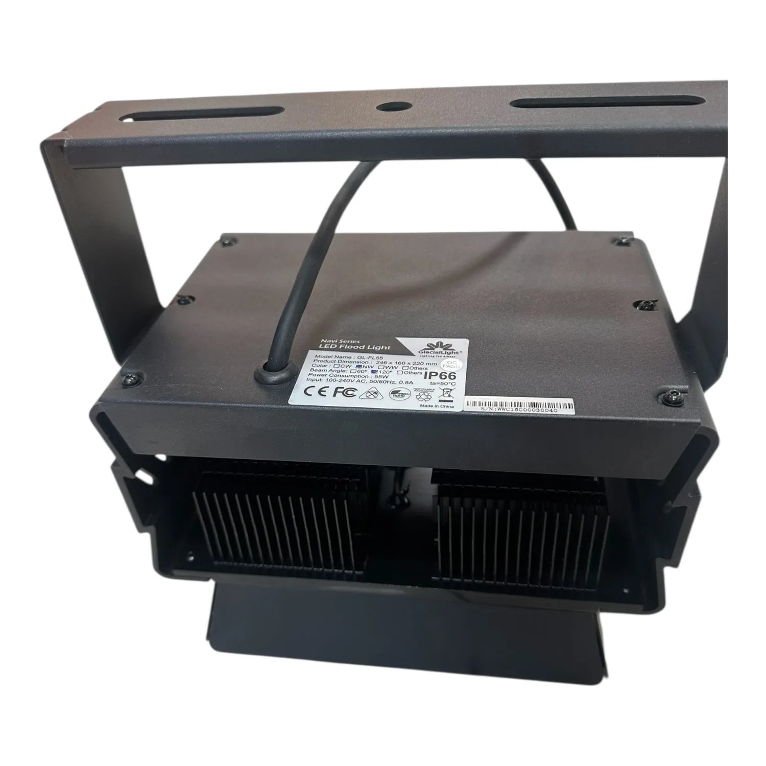 Rear view of 55W LED flood light showing heat sink fins, mounting bracket, cable entry, and product label with specifications