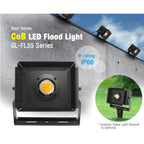 Navi Series CoB LED flood light GL-FL55 with IP66 rating, shown mounted on wall and as ground stake light option.