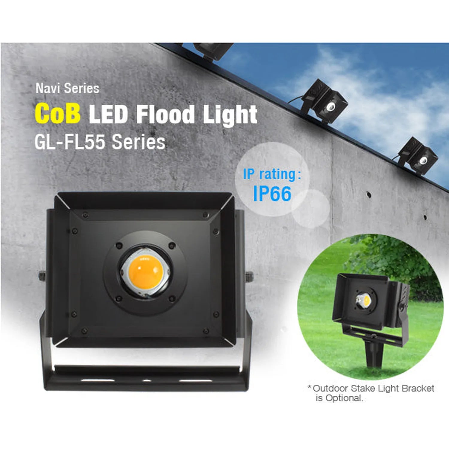 Navi Series CoB LED flood light GL-FL55 with IP66 rating, shown mounted on wall and as ground stake light option.