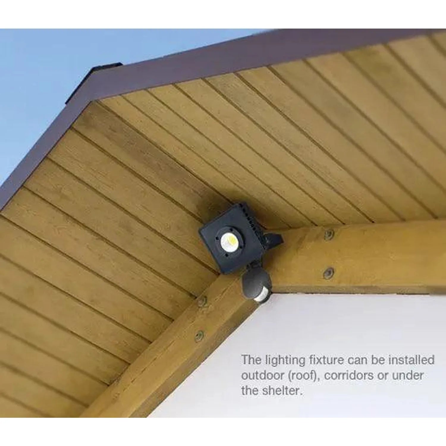 Black LED floodlight with motion sensor mounted on wooden soffit under eave, with text describing outdoor installation option