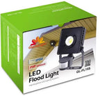 GL-FL15S LED flood light with PIR sensor shown on product packaging box with green branding and wooden installation backgroun