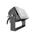 Black LED flood light fixture with adjustable mounting bracket and clear lens array, product shot on white background.