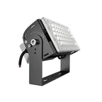 Black LED flood light fixture with adjustable mounting bracket and clear lens array, product shot on white background.