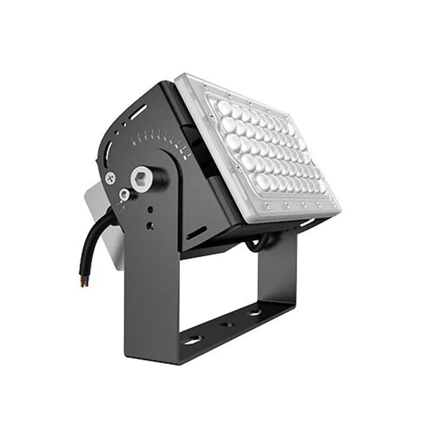 Black LED flood light fixture with adjustable mounting bracket and clear lens array, product shot on white background.