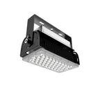 Industrial LED flood light with black housing, multiple LED array on bottom panel, adjustable mounting bracket, and control d