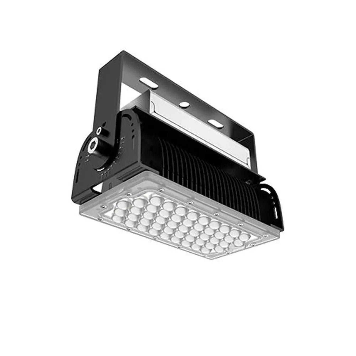 Industrial LED flood light with black housing, multiple LED array on bottom panel, adjustable mounting bracket, and control d