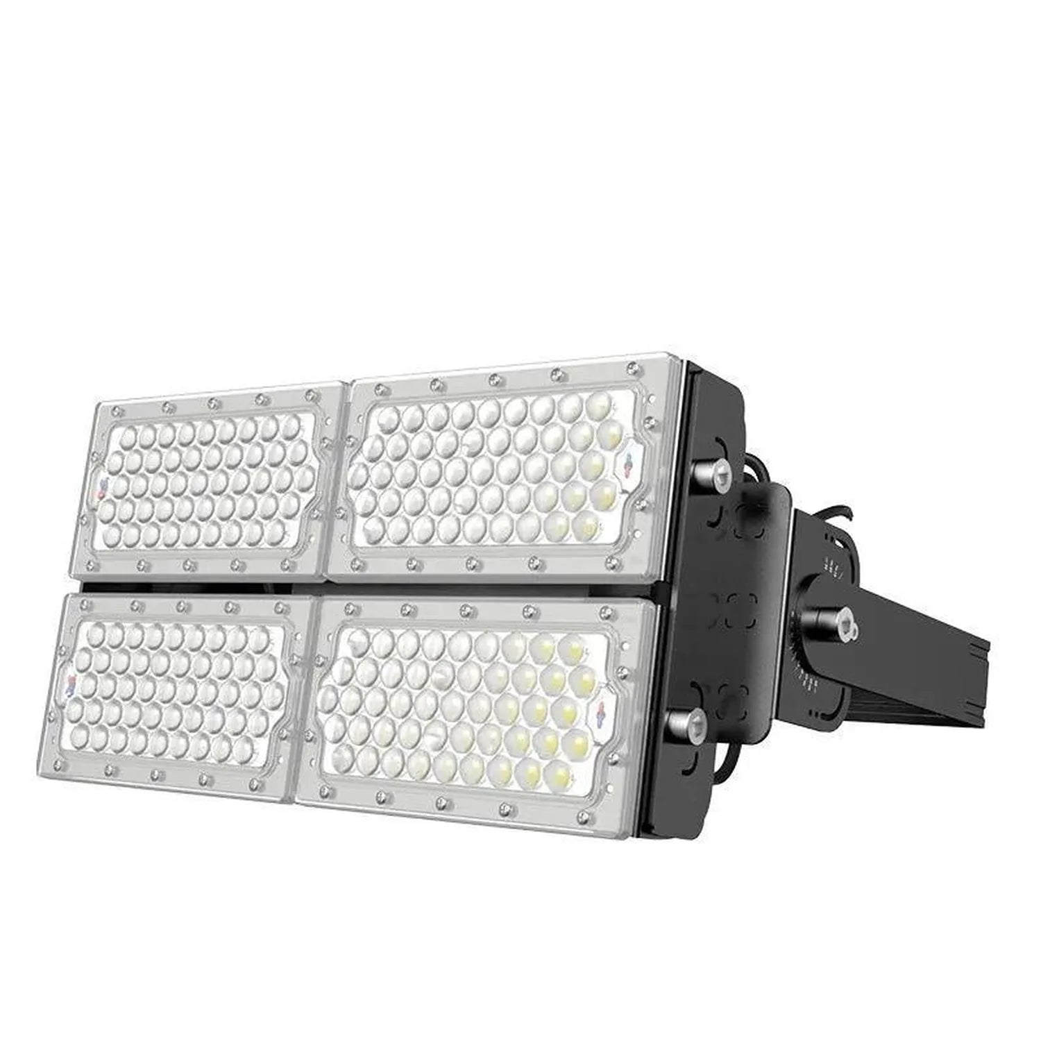 Industrial LED flood light with four rectangular panels containing white bulbs, mounted on black adjustable bracket against w