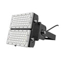 Dual-panel LED flood light with white light modules mounted on black adjustable bracket against white background.