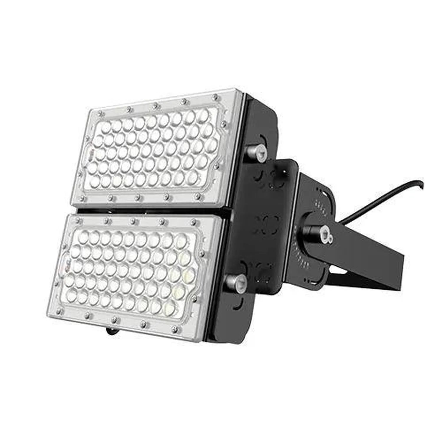 Dual-panel LED flood light with white light modules mounted on black adjustable bracket against white background.